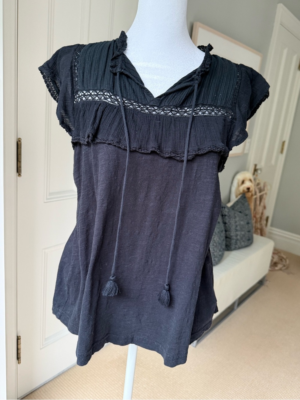 Anthropologie Black Short-Sleeve Tassel Peasant Blouse